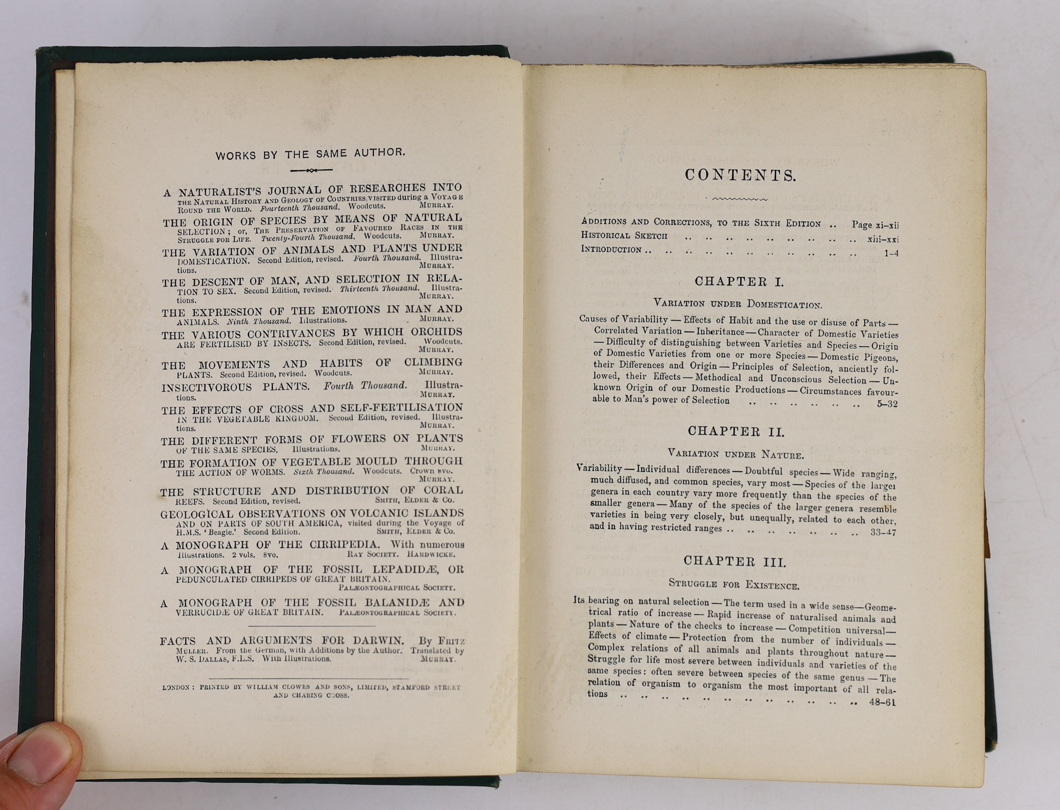 Darwin, Charles - The Origin of the Species, 6th edition, (twenty-fourth thousand), 8vo, original green cloth, John Murray, London, 1882